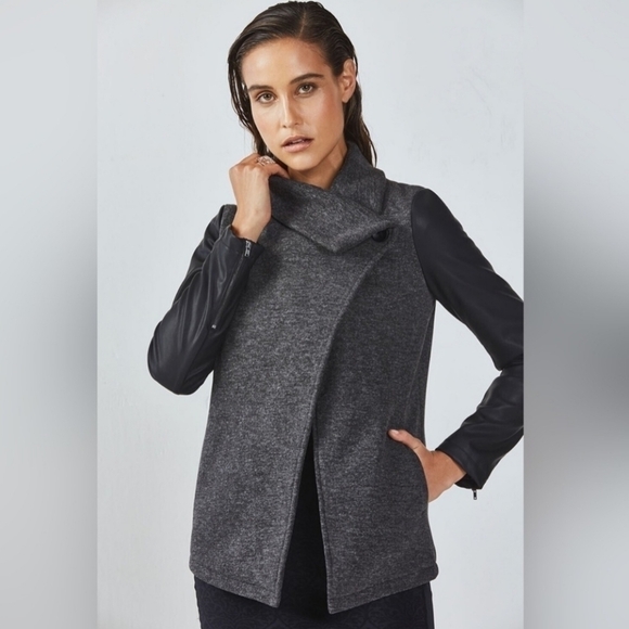 Fabletics Assymetrical Milano Coat Faux Leather Sleeves Gray Black Size Small - Picture 1 of 9